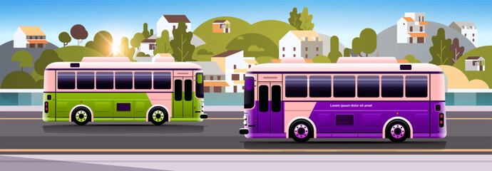 city buses vehicles modern public transport urban and countryside traffic comfortable moving concept