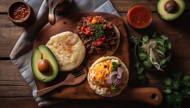 A top-down shot of a delicious artisanal arepa columbian food