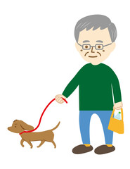 眼鏡をかけたシニアの男性が、ペットの小型犬の散歩をする様子