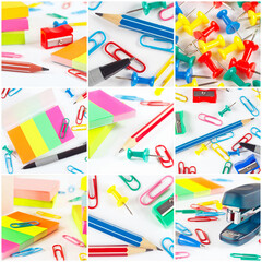Collage of diverse multicolored school accessories on white desktop.