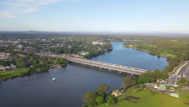Aerial drone view of Nowra Bridge crossing Shoalhaven River along the Princes Highway in Nowra in the City of Shoalhaven, NSW, Australia 