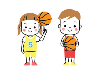 バスケット　バスケットボールをもって立っている女の子と男の子