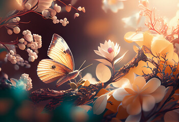 Fototapeta na wymiar Field of daisies in golden rays of the setting sun in spring summer nature with an orange butterfly outdoors, AI Generated