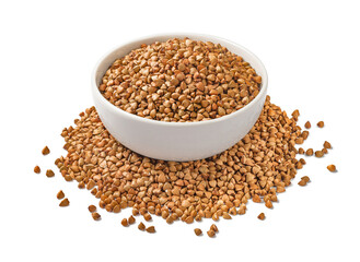 Full buckwheat bowl in the middle of buckwheat pile isolated on white background