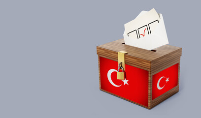 Flag of Turkey on ballot box. Turkish elections concept with copy space on the left. 3D illustration