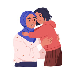 Muslim mother and daughter. Happy Arab mom and kid hugging. Smiling mum in hijab and girl child embracing together. Parents love and support. Flat vector illustration isolated on white background