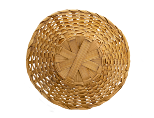 Woven straw country hat for beach, fields on white isolated background. Vacation, travel. View from above