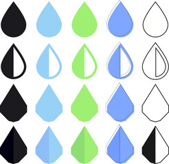 Water drop icons, set symbols on transparent background, PNG illustration