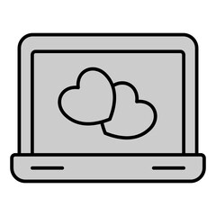 Two hearts on a laptop screen - icon, illustration on white background, grey style