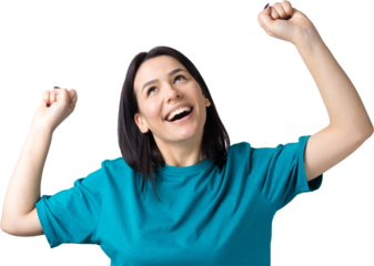 Close up portrait of attractive shouting in winning smiling with raised fists young she her girl wearing jeans shirt clothes isolated on grey background