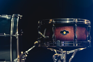 Fototapeta na wymiar Close-up, snare drum on a dark background isolated.