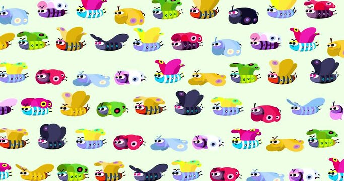 Butterfly cartoon many characters wallpaper flying on light background. Cute children animation good as backdrop for intro, party, television programme, presentation, etc... Seamless loop.