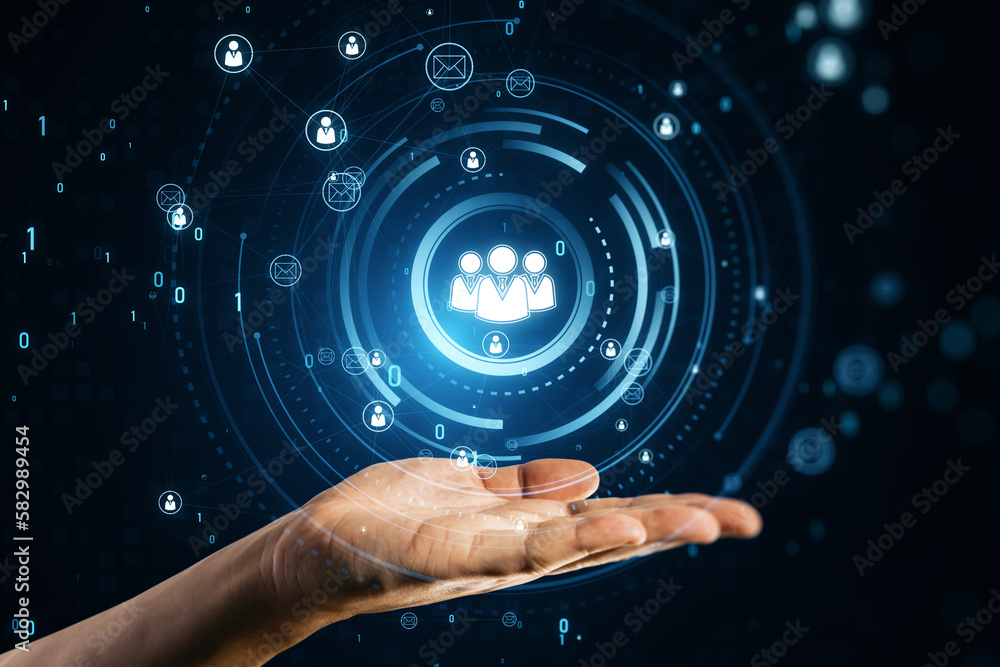Poster Close up of businessman hand using glowing people icons hologram. Creative global structure networking and data exchanges customer connection on dark background.