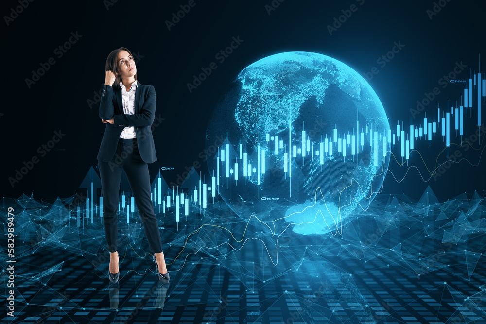 Poster Thoughtful young woman with abstract globe and forex chart on blurry background. Finance statistics and data Analytics. Stock exchange market, investment, finance and trading. Double exposure.