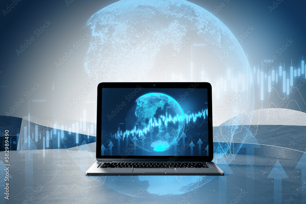 Poster Close up of notebook with abstract globe and forex chart on blurry background. Finance statistics and data Analytics. Stock exchange market, investment, finance and trading. Double exposure.