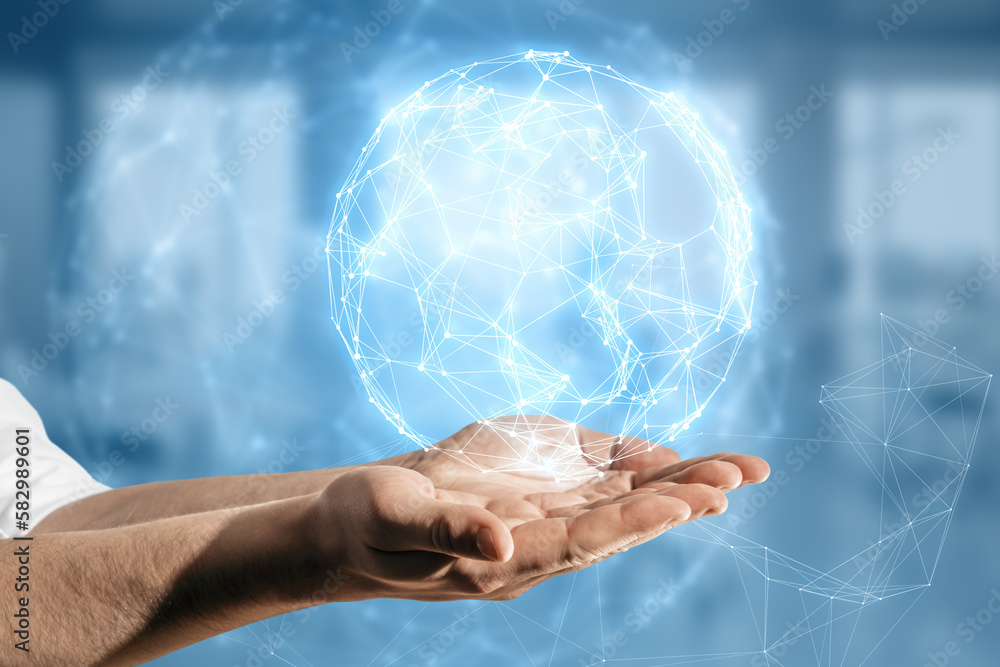 Poster Close up of business man hand using glowing polygonal globe hologram on blurry background. Connection Structure. Digital Data Visualization. Social Network Graphic Concept.