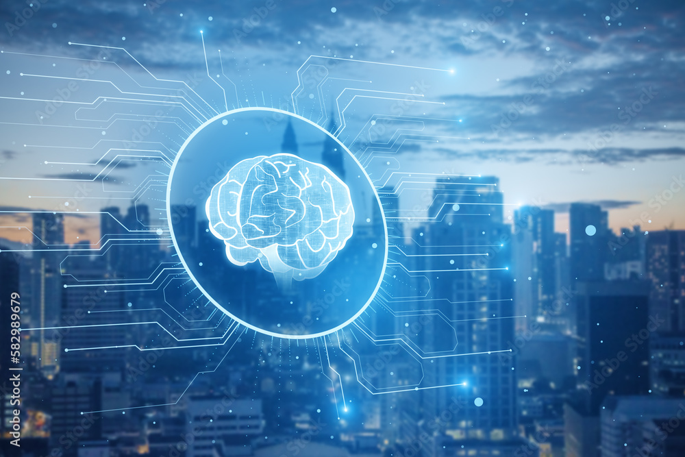 Poster glowing circuit brain hologram on blurry city wallpaper. neural network. iq testing, artificial inte