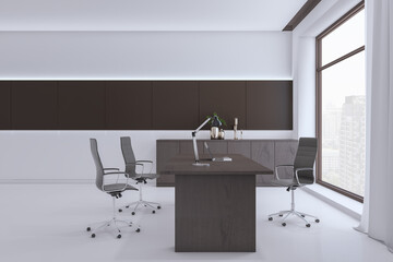 Modern white office interior with furniture and equipment, window with city view and curtain. 3D Rendering.