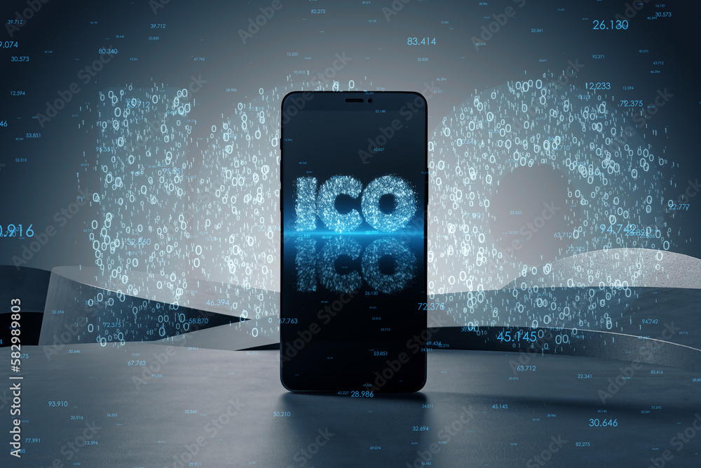 Aufkleber close up of smartphone with glowing ico hologram on blurry background. initial coin offering, educat