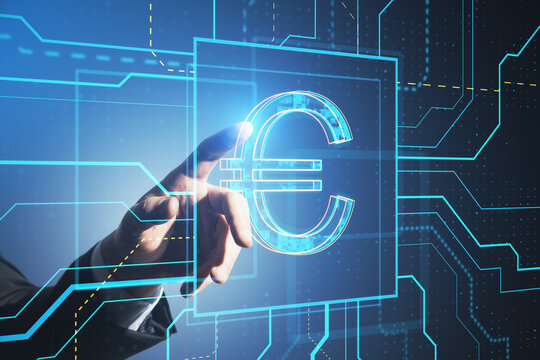 Close up of businessman hand pointing at glowing linear euro hologram on blurry blue background. Investment, trade and finance concept. Double exposure.