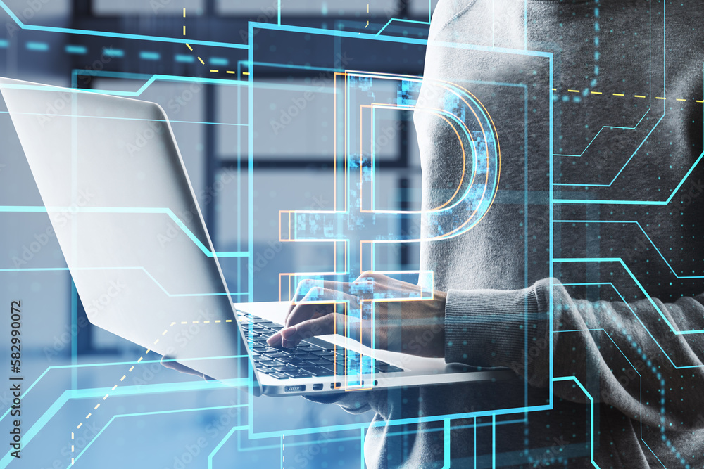 Poster close up of hacker hand using laptop with glowing linear ruble hologram on blurry office interior ba