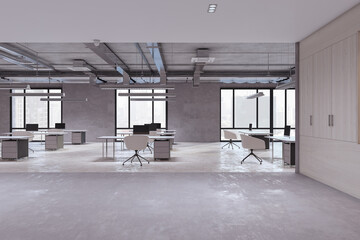 Bright coworking office interior with window and city view, furniture, equipment and decorative objects. 3D Rendering.