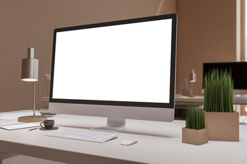 Close up of designer office table with empty white computer monitor, decorative items and supplies. Mock up, 3D Rendering.