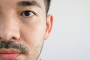Fototapeta premium closeup face a handsome Asian man with a beard a straight face.