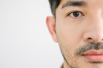 Obraz premium closeup face a handsome Asian man with a beard a straight face.