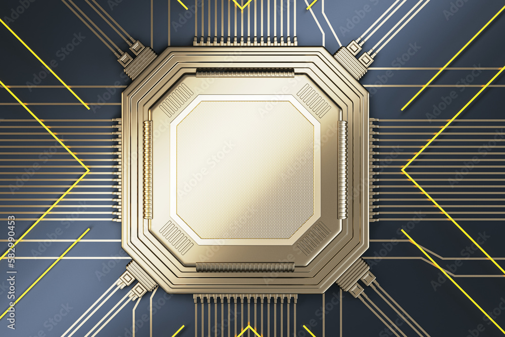 Fototapete abstract blank golden chip on metal backdrop with lines. mock up place. technology and motherboard, 