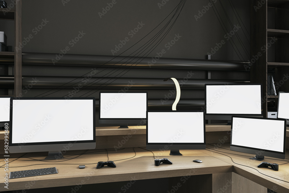 Poster Contemporary office interior with multiple empty white computer monitors on wooden desk. Gaming, work, hacking and bitcoin mining concept. Mock up, 3D Rendering.