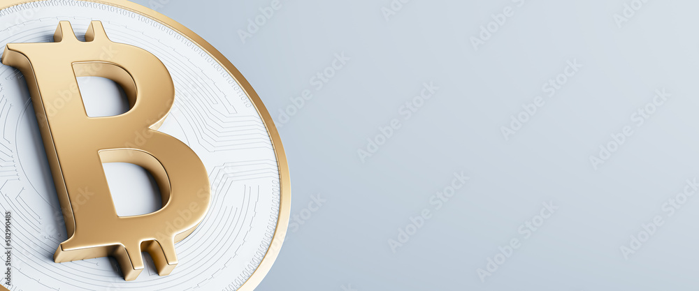 Poster Golden bitcoin sign on wide background with mock up place. Crypto and finance concept. 3D Rendering.