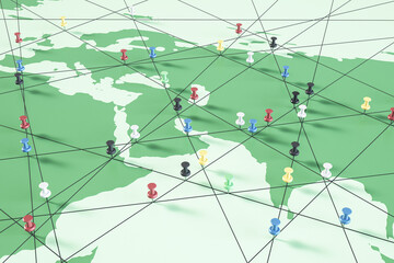 Creative green map with pins. Adventure, discovery, navigation, communication, logistics, geography, transport and travel theme concept background. 3D Rendering.