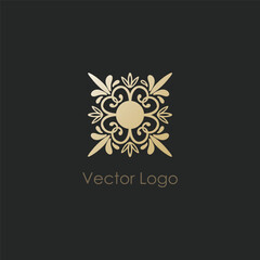 Gold logo. Golden hand drawn logotype minimal design for cosmetics, spa or boutique. Floral curvy decor. Luxury elegant tile, emblem or badge. Business fashion identity, vector isolated illustration