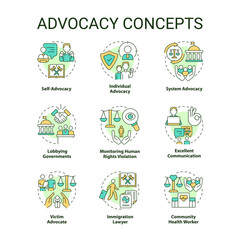 Advocacy concept icons set. Support during court hearing. Attorney service idea thin line color illustrations. Isolated symbols. Editable stroke. Roboto-Medium, Myriad Pro-Bold fonts used