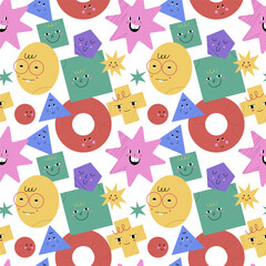 Abstract geometric characters pattern. Basic figures with cute faces, funny emoji. Modern childish print. Seamless texture. Decor textile, wrapping, wallpaper vector cartoon doodle style illustration