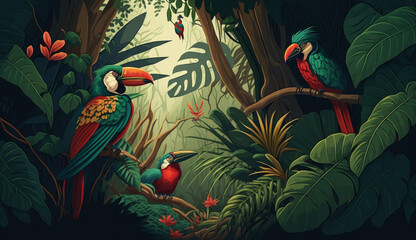 Fototapeta na wymiar A Tropical Rainforest with Birds Illustration