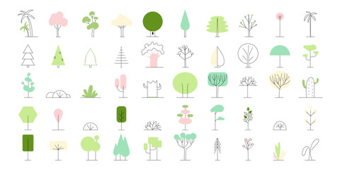 Simple trees. Minimal nature forest or park. Minimalism style line plants. Abstract logo design. Eco bio symbols, colorful outline botanical elements. Spruce pine and oak. Vector isolated set