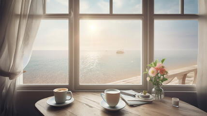 A cup of coffee window with flowers over the ocean Generative AI