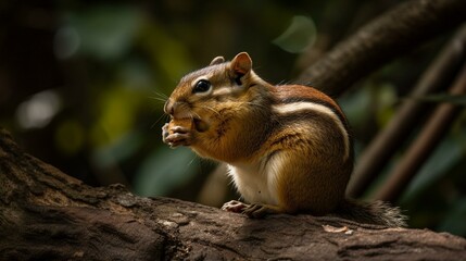 A chubby chipmunk munching on a nut while perched on a tree branch Generative AI