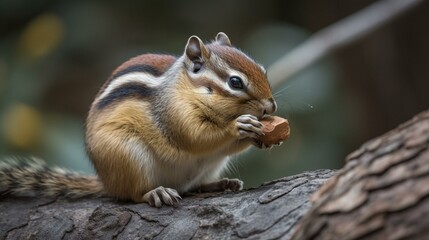 Obraz premium A chubby chipmunk munching on a nut while perched on a tree branch Generative AI