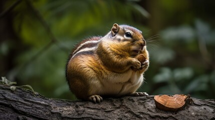 Obraz premium A chubby chipmunk munching on a nut while perched on a tree branch Generative AI