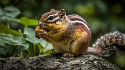 A chubby chipmunk munching on a nut while perched on a tree branch Generative AI