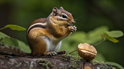 Naklejka na ściany i meble A chubby chipmunk munching on a nut while perched on a tree branch Generative AI