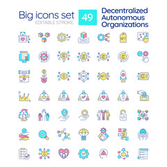 Decentralized autonomous organizations RGB color icons set. Internet technology in business. Innovations. Isolated vector illustrations. Simple filled line drawings collection. Editable stroke