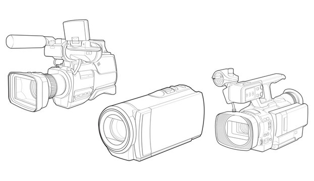 Set of sketch a video camera on a white backgroundra. video camera, vector sketch illustration for training tamplate.