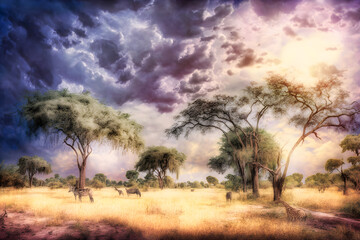 Naklejka na ściany i meble Sunrise over the savannah and grass fields in South Africa with cloudy sky. Neural network AI generated art