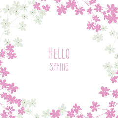 Hand drawn line purple floral frame of twigs, botanical wreath of pink branches, leaves