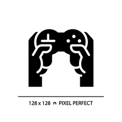 Hands with controller pixel perfect black glyph icon. Person playing video game with joystick. Technology of amusement. Silhouette symbol on white space. Solid pictogram. Vector isolated illustration