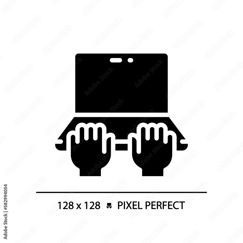Poster hands with laptop pixel perfect black glyph icon. person working on notebook computer. typing on key